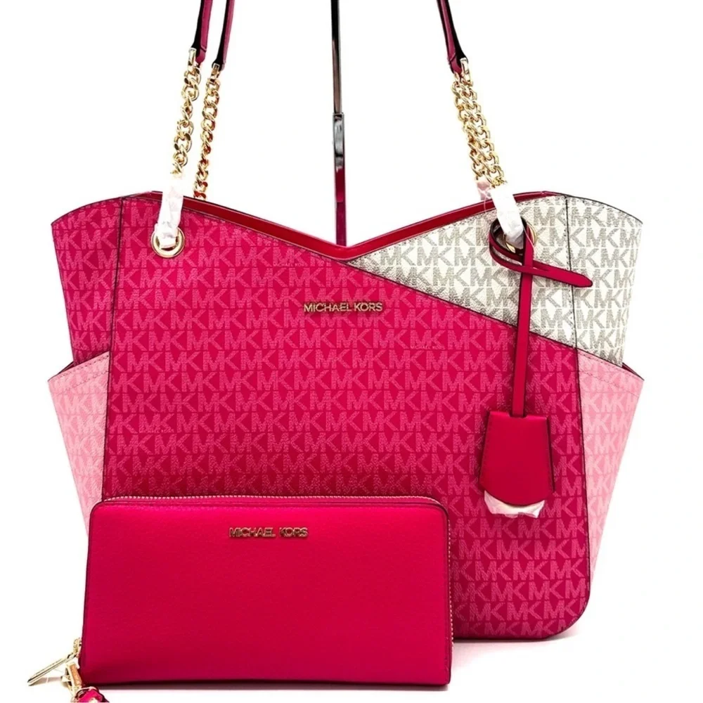 Michael Kors Large X Chain Shoulder Tote Bag & Continental Wallet Electric Pink - Picture 3 of 14